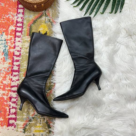Prada Designer Neutral Black Soft Leather Heeled Tall Boot 36.5 / 6.5 - Picture 1 of 16